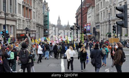 London, UK - January 15, 2022: `Kill the bill` demonstration in Whitehall street. Stock Photo